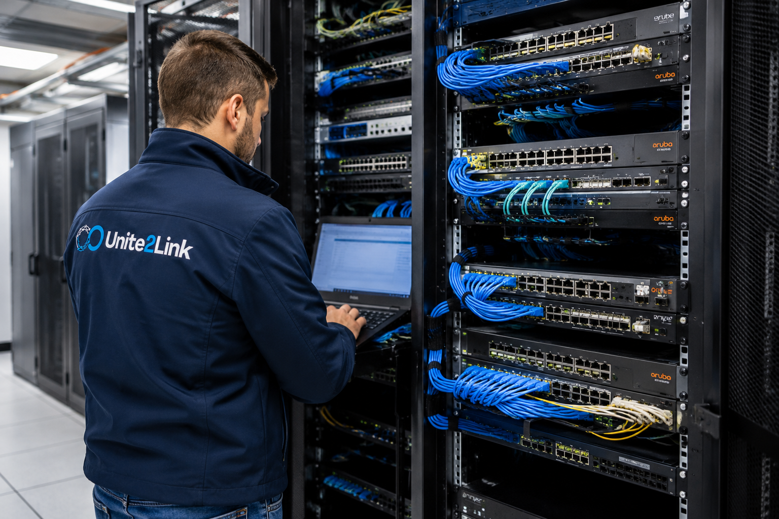 Techniker bei der Installation von Netzwerk-Switches