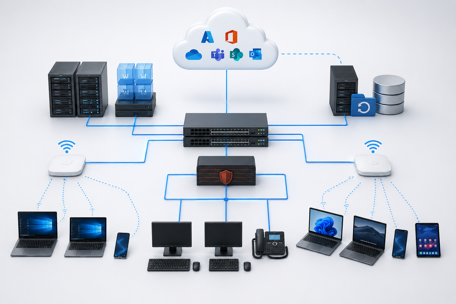 Managed IT Infrastruktur mit Servern, Cloud, Netzwerk und Endgeräten